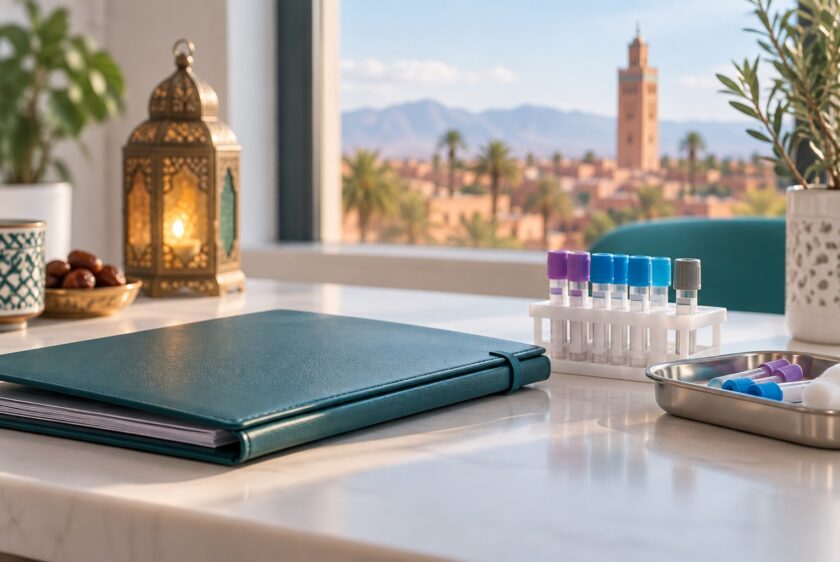 Dossier d’analyses et lanterne évoquant le Ramadan — illustration