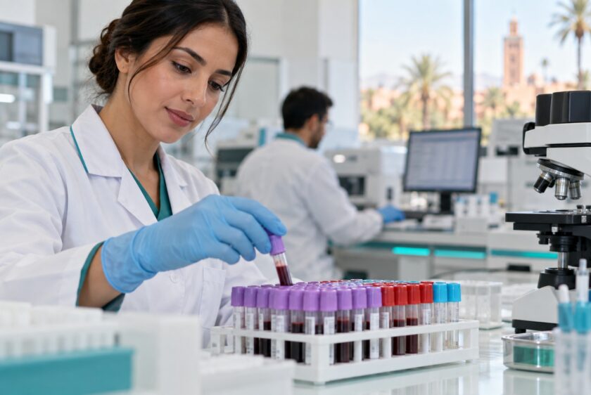 Professionnelle manipulant des tubes dans un laboratoire — illustration