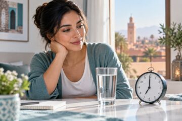Verre d’eau et horloge avant une prise de sang — illustration