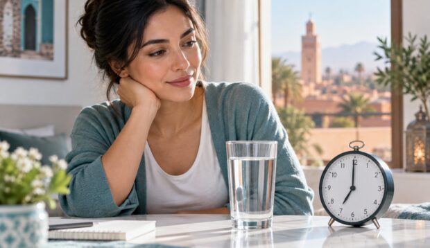 Verre d’eau et horloge avant une prise de sang — illustration