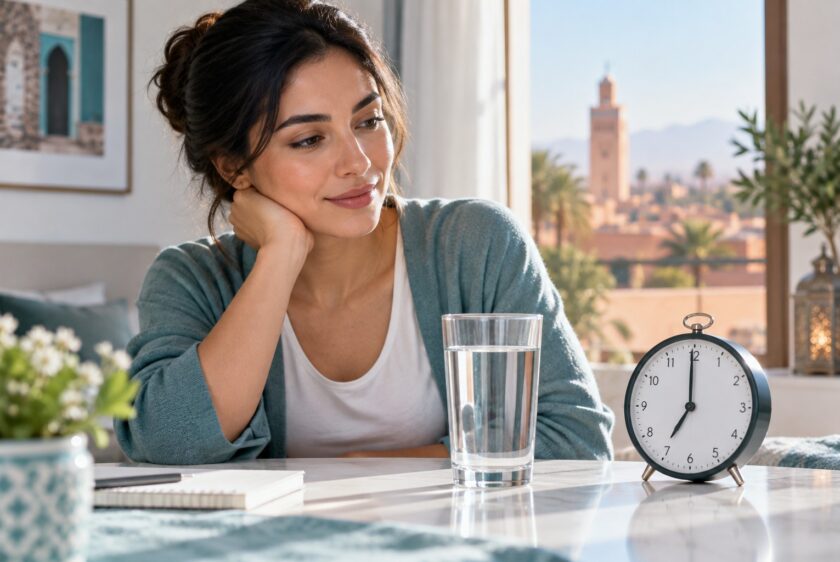 Verre d’eau et horloge avant une prise de sang — illustration